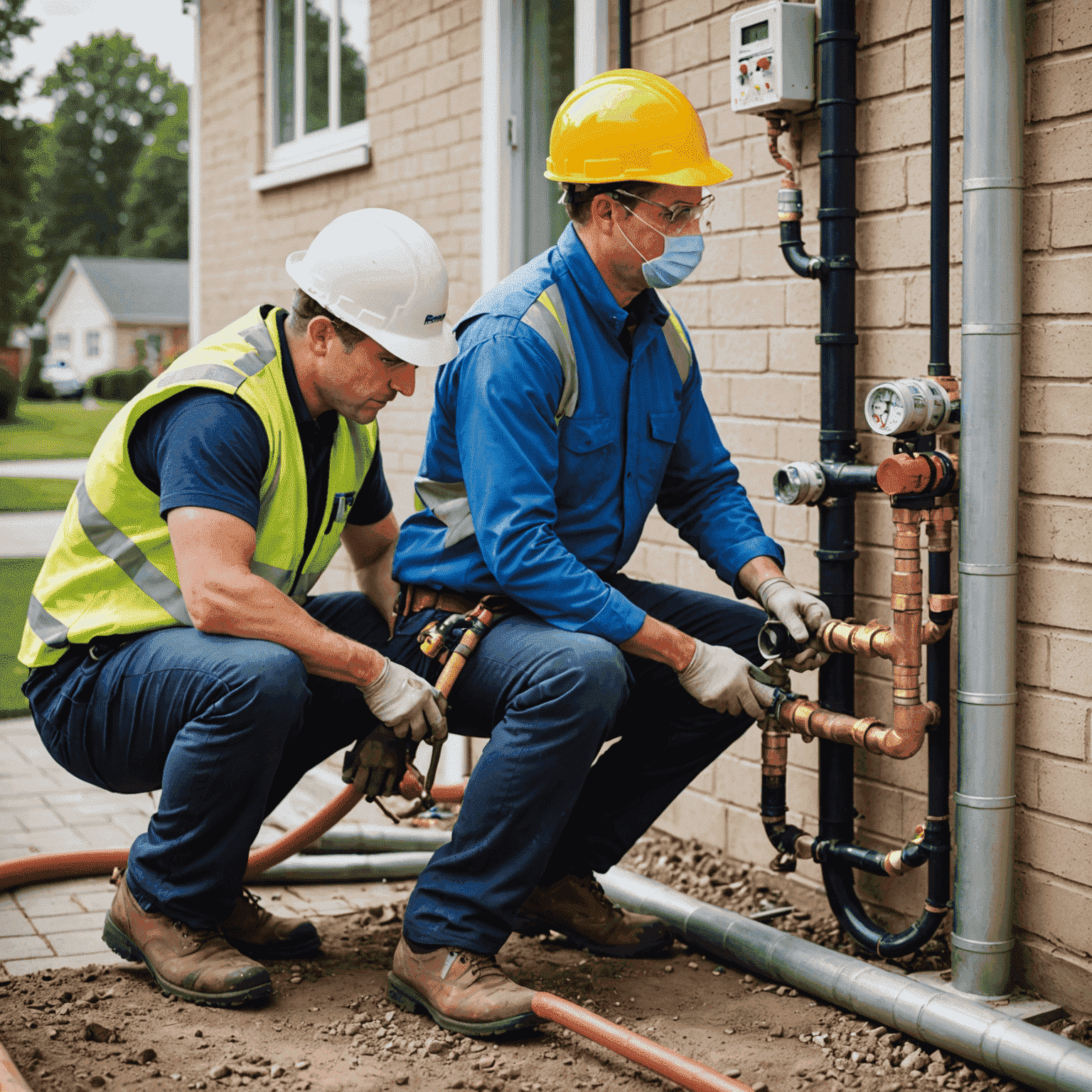 Professional gas installers working on a residential gas service installation, showcasing a team carefully connecting pipes and ensuring safety measures are in place