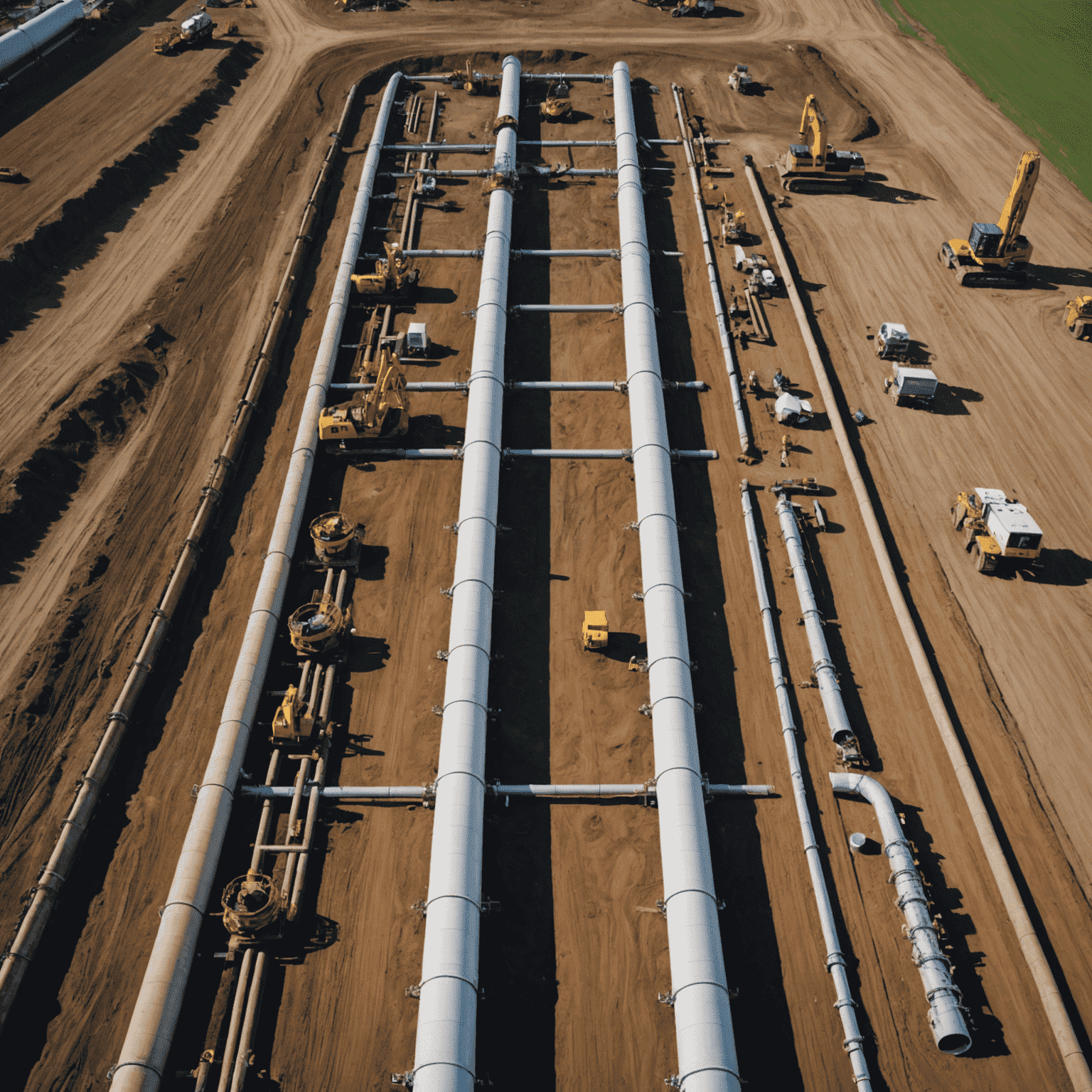 Aerial view of a gas pipeline construction site in Canada, showing workers and heavy machinery installing large pipes across a vast landscape