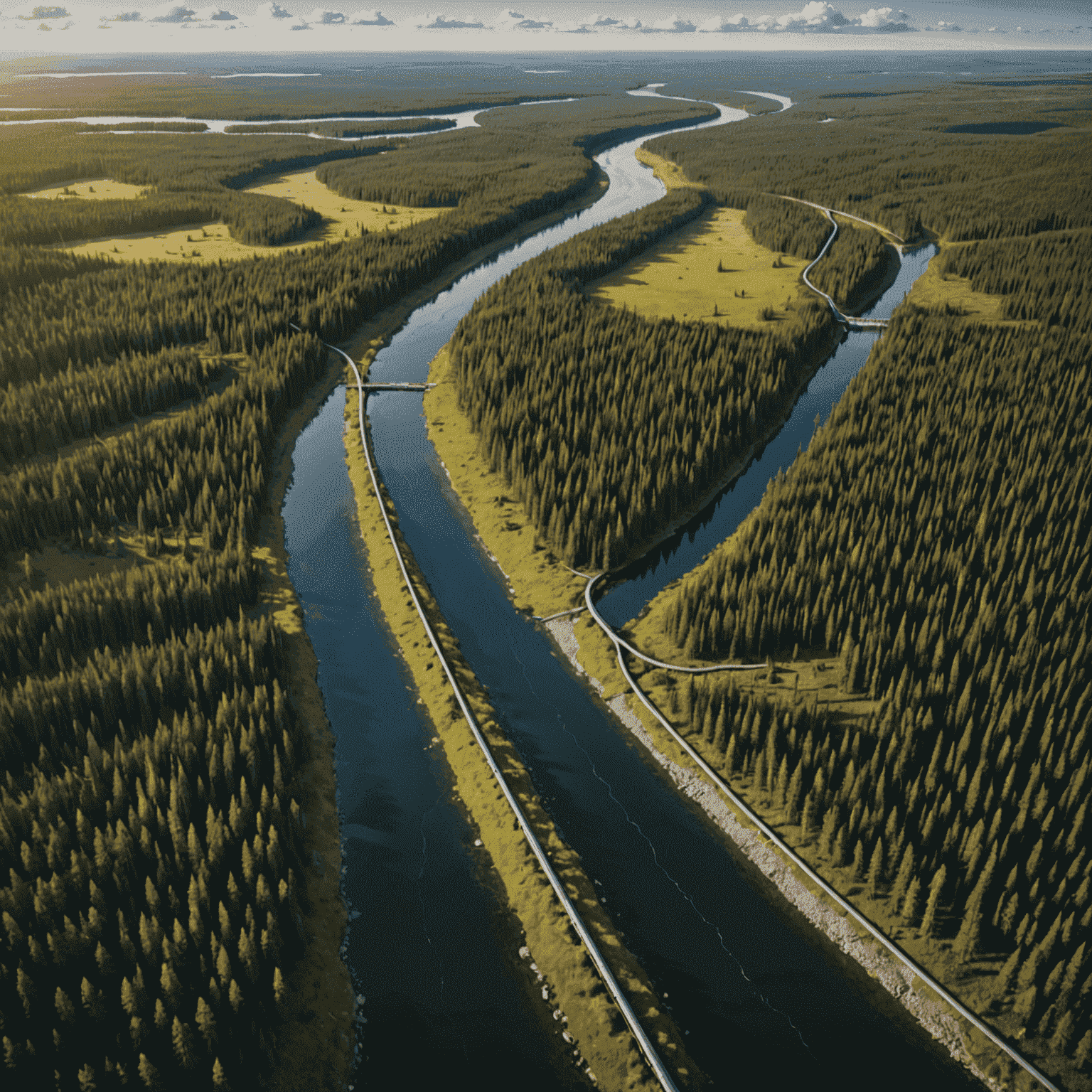 Aerial view of Canadian landscape with a proposed gas pipeline route overlaid, showing diverse ecosystems including forests, rivers, and tundra