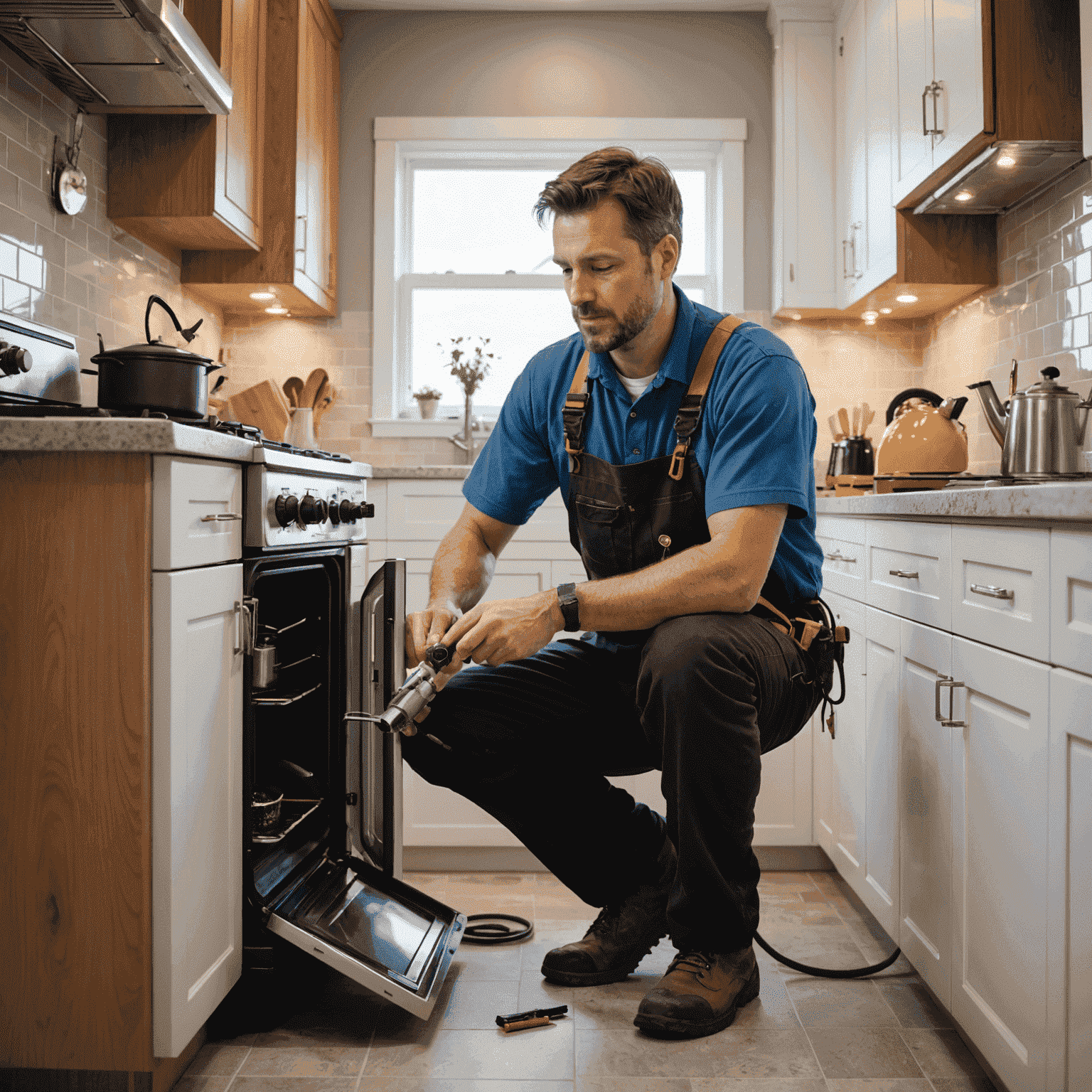 A technician installing a gas pipe in a modern Canadian home kitchen, with a stove and heating system visible in the background