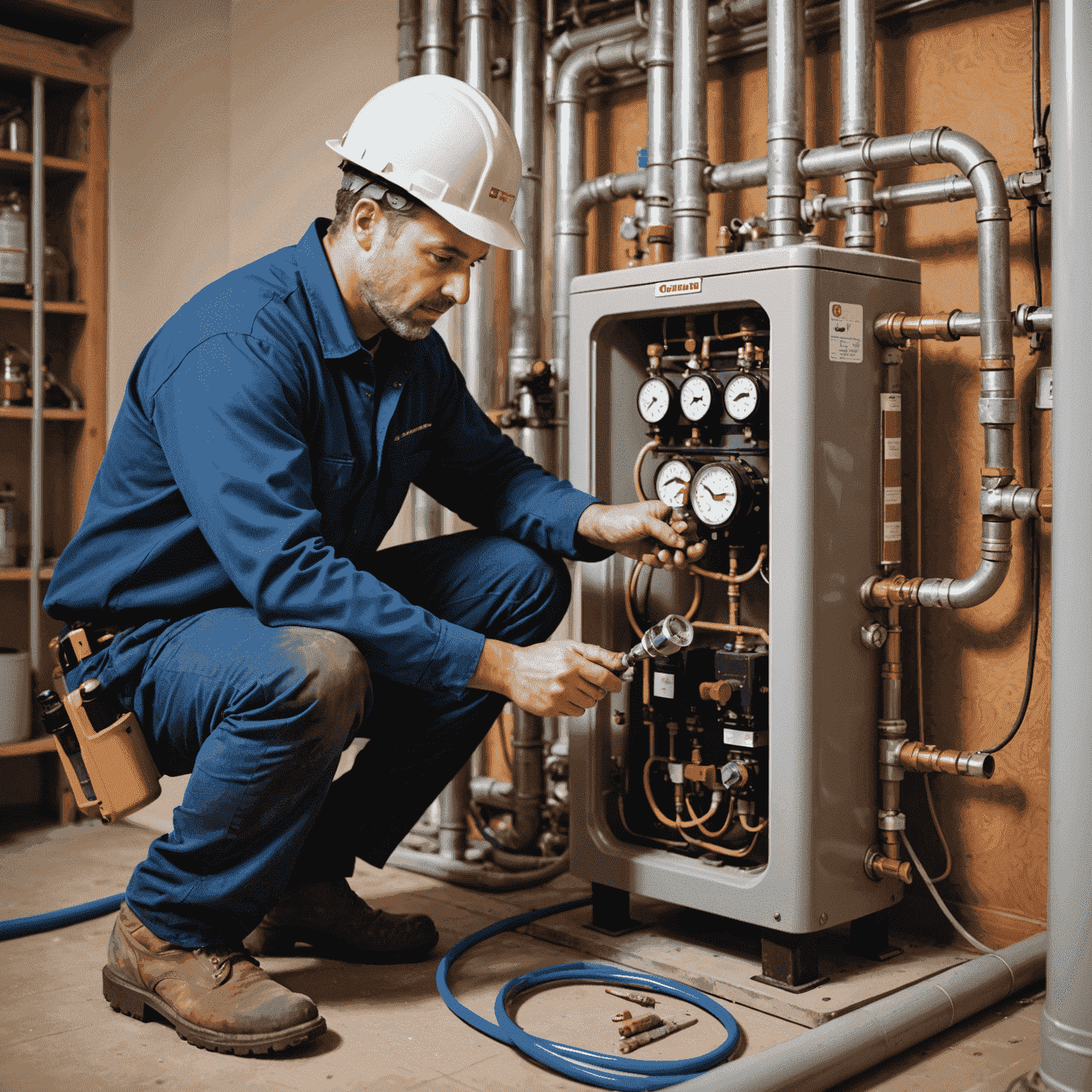 Professional gas technician installing a residential gas supply system in a Canadian home, showing a worker carefully connecting pipes and checking safety measures