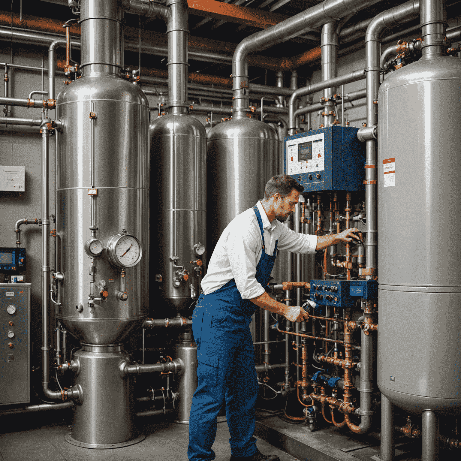 Professional gas technician installing a large-scale commercial gas system in an industrial kitchen, showcasing the complexity and scale of commercial gas installations