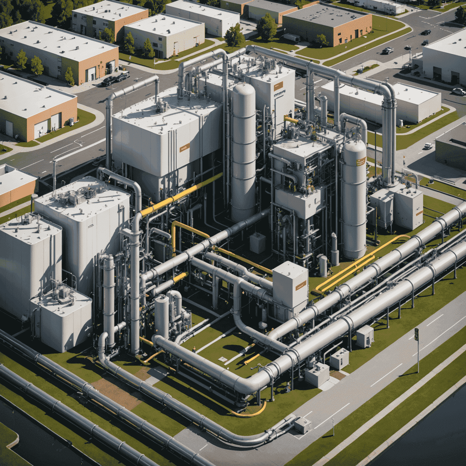 Diagram of a comprehensive gas supply system, showing the pipeline network from the main supply to various residential and commercial buildings, with clear labels and safety features highlighted