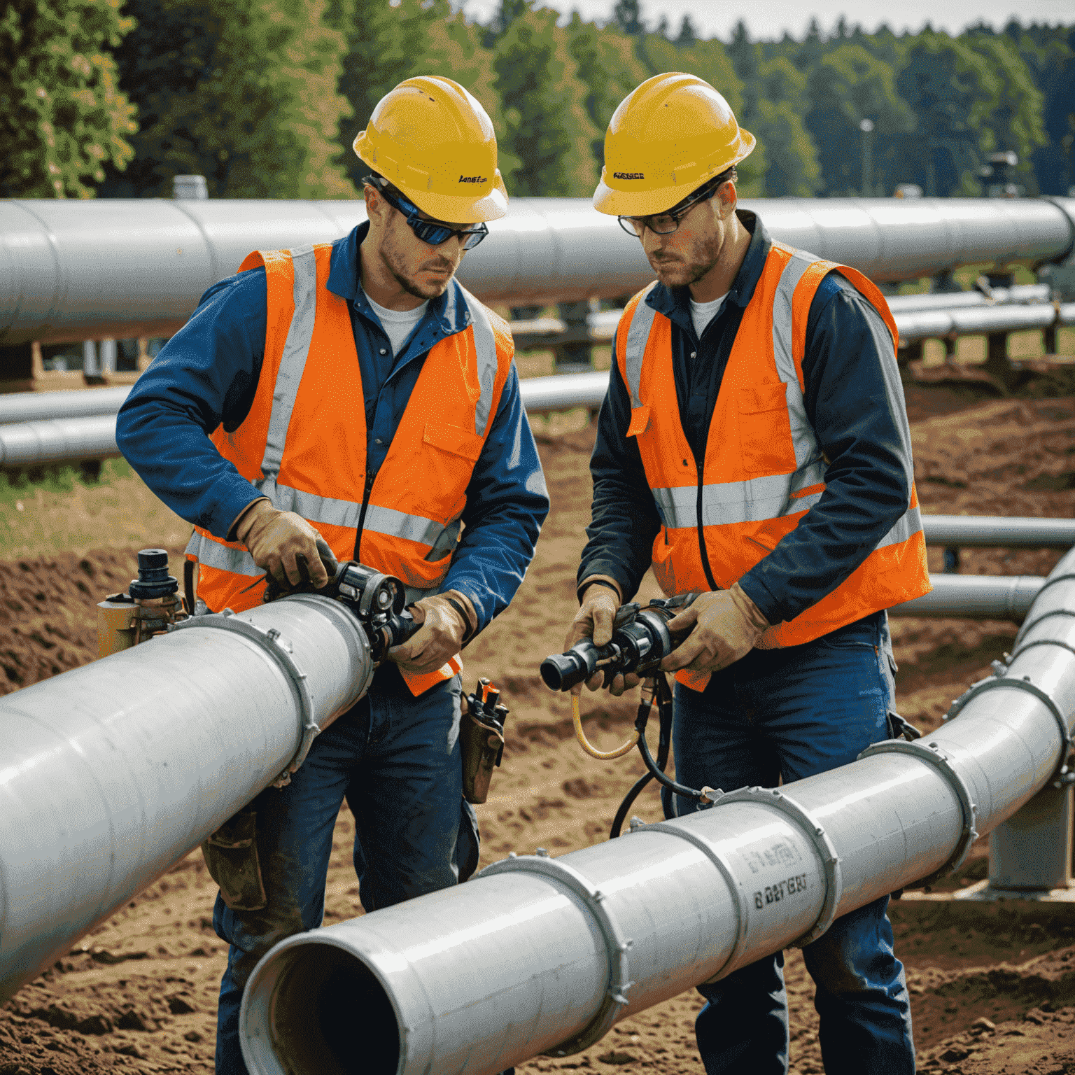 Close-up of professional gas installers working on a pipeline segment, wearing safety gear and using specialized equipment