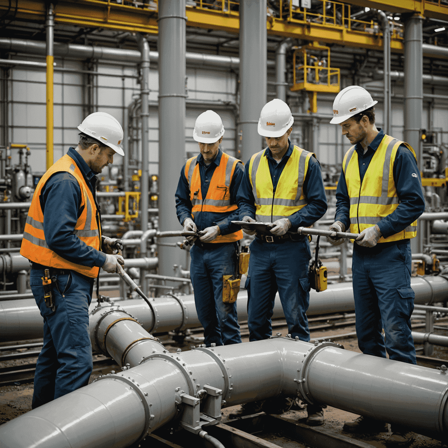 A team of gas installers working on a large-scale gas pipeline system in a Canadian industrial facility