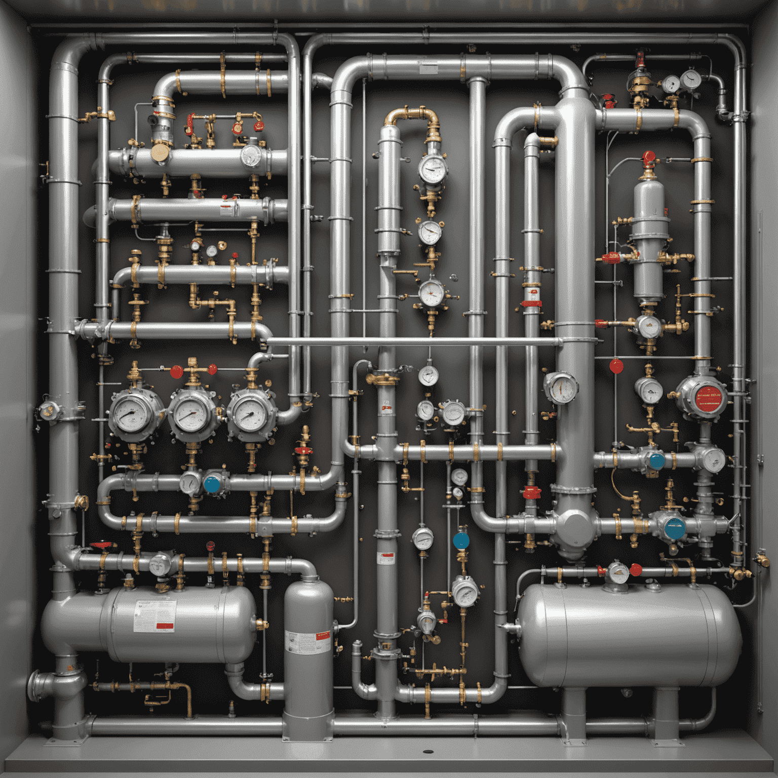 Diagram of a complex commercial gas supply system, showing various components such as high-capacity pipes, regulators, and safety valves, illustrating the intricacy of commercial gas installations