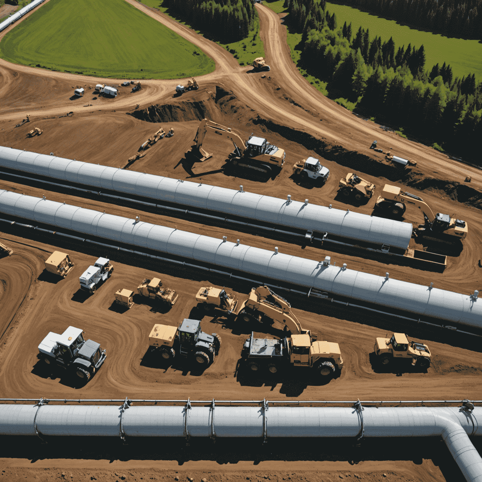 Aerial view of a gas pipeline construction site with workers and heavy machinery installing large pipes across a Canadian landscape