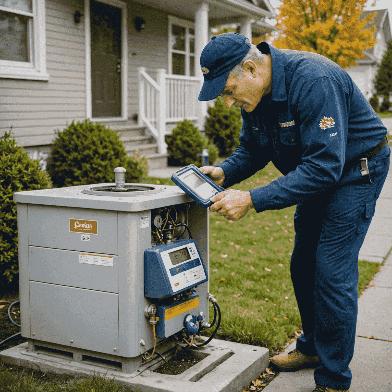 A certified technician performing a routine inspection on a residential gas meter in a Canadian neighborhood