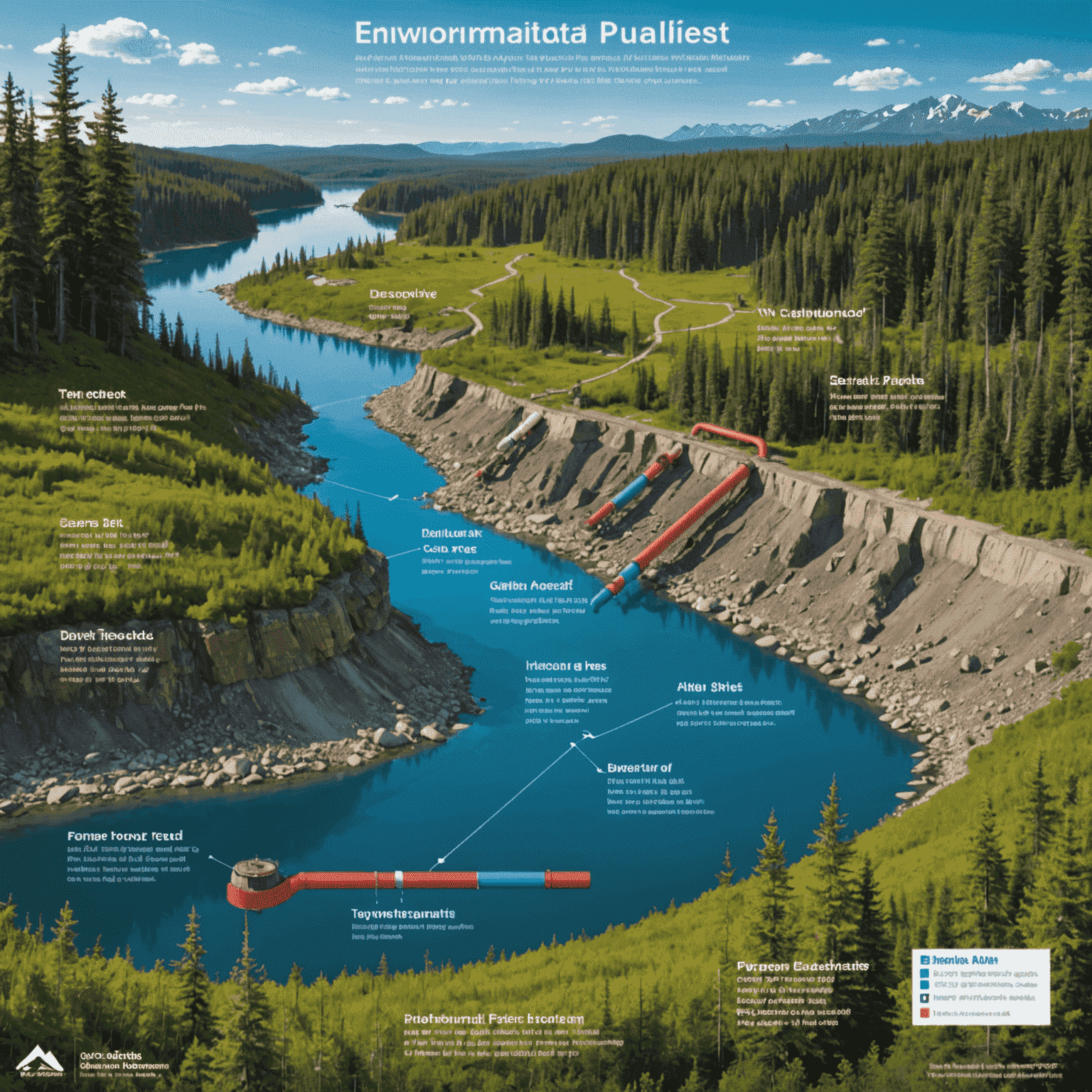 Infographic showing the environmental impact assessment of the gas pipeline project, including wildlife, vegetation, and water resources across Canadian territories