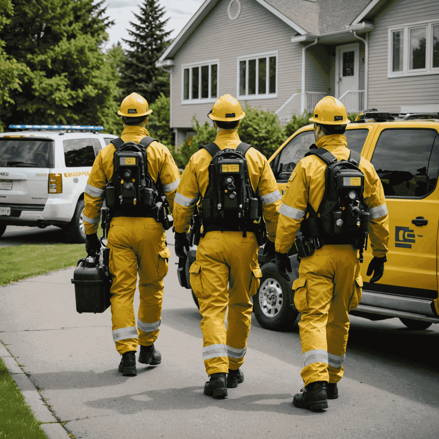 An emergency response team arriving at a Canadian home with gas detection equipment, ready to address a potential gas leak