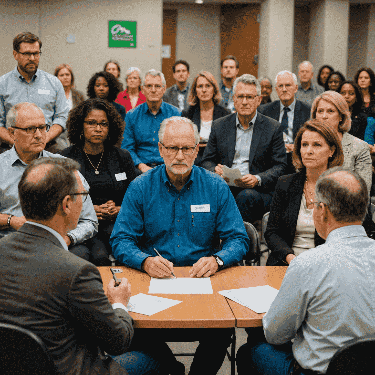 Diverse group of Canadian citizens and gas industry professionals engaged in a community meeting about the gas supply system